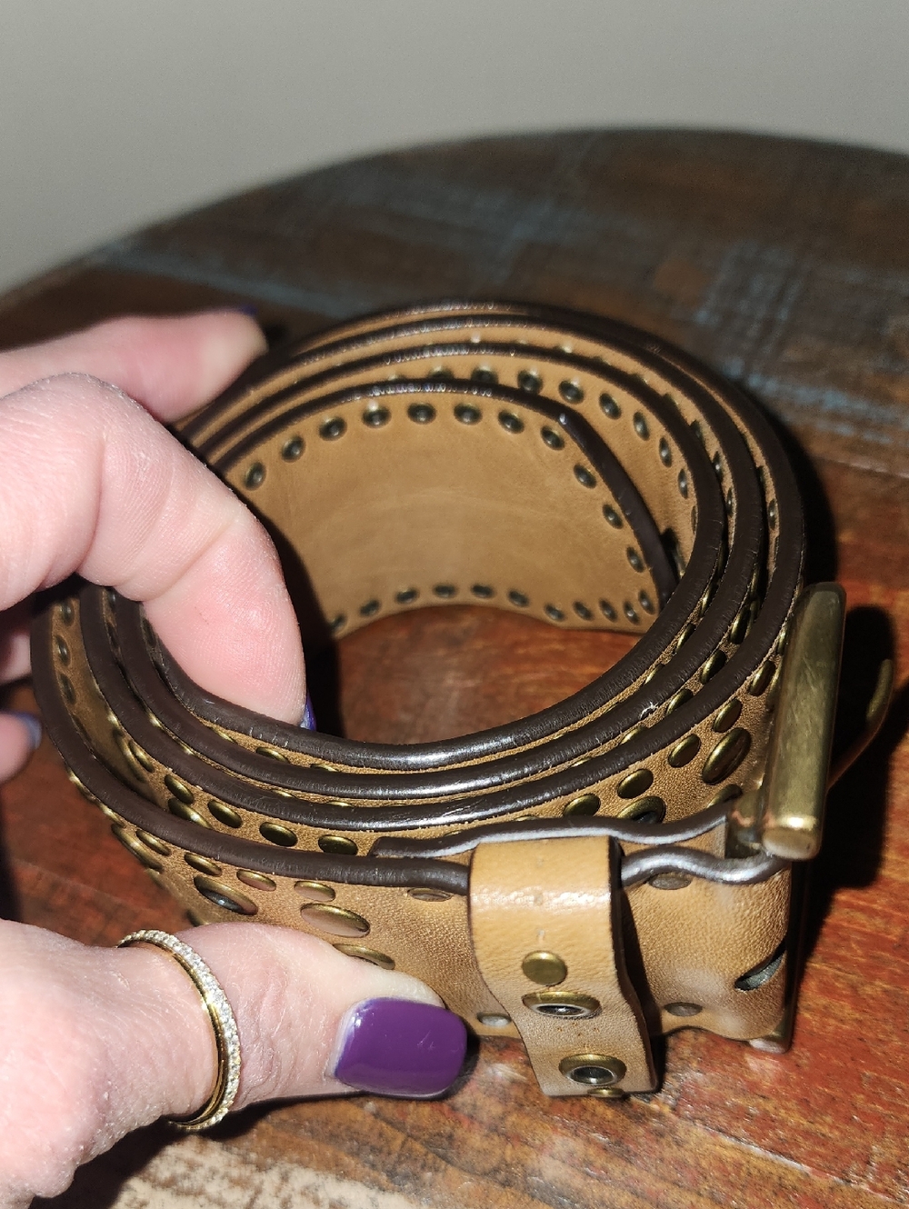 COACH Vintage Studded Tan Leather 2" Belt Antique Solid Brass Buckle Women Small - Picture 3 of 16